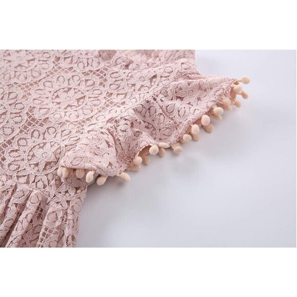 🆕Toddler Girls Pink Cotton Lace Floral Pompoms Elegant Retro Swing Party Dress - Picture 4 of 9